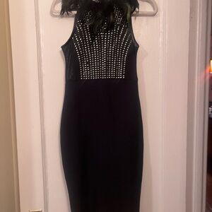 Black Studded Feather-Trim Sheath Dress